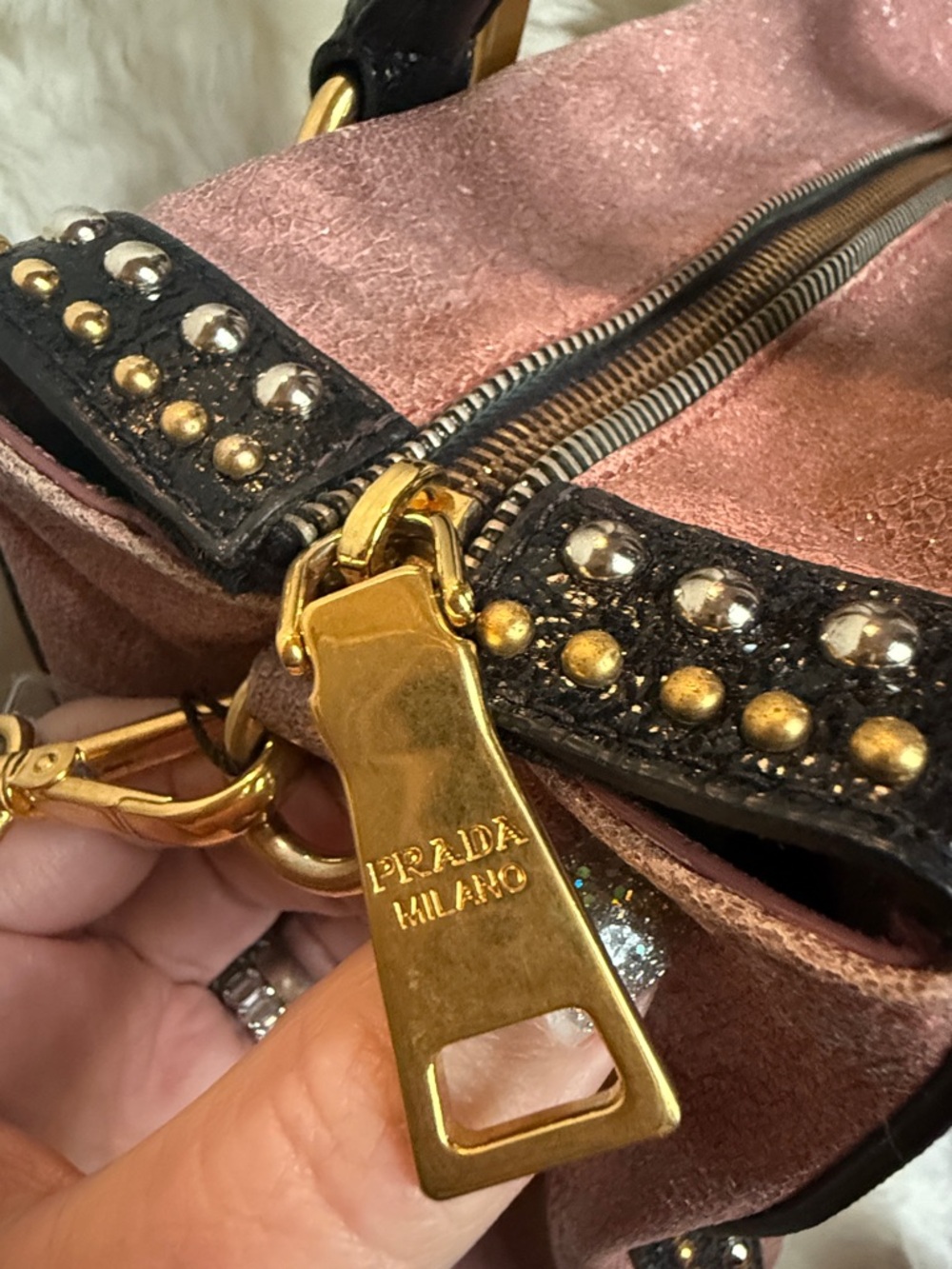 Prada Rose Pink Leather Satchel with Gold Studs and Black Trim & Crossbody Strap - Picture 3 of 10